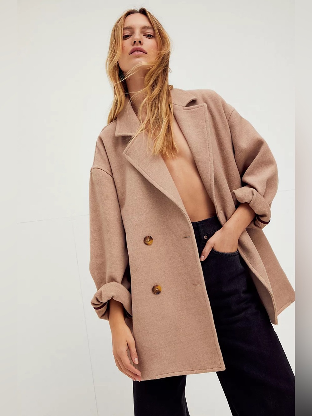 Free People Hannah Super Soft Blazer Coat Camel Grey Size Small